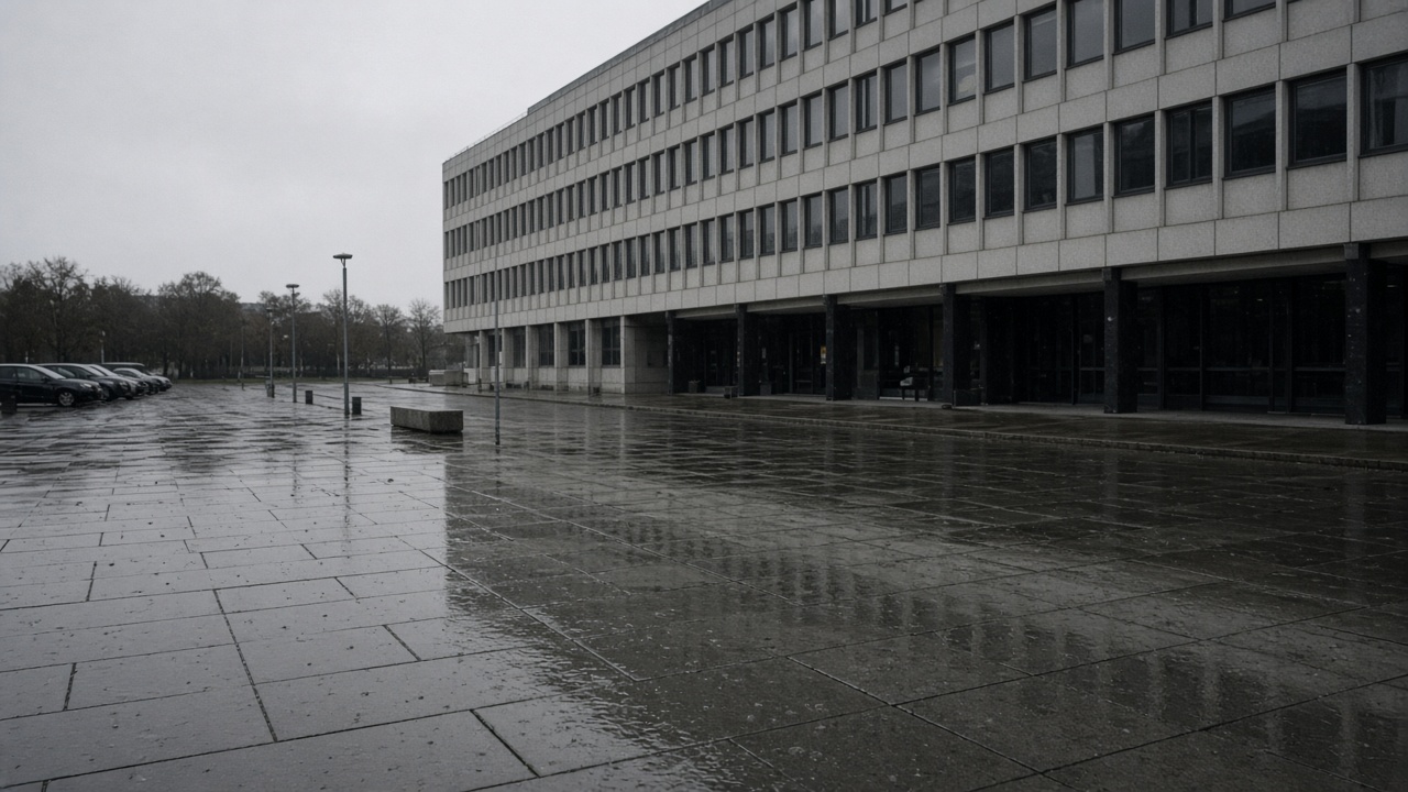 Wet empty plaza and grey office-block facade under overcast northern European daylight, scattered rain on paving stones, a few parked dark cars in the distance, no logos or readable text