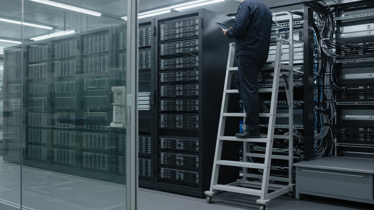 Rows of GPU servers behind a glass partition in a Korean data hall, cool white aisle lighting, technicians with tablets on a rolling ladder, cable management and blank faceplates, no logos or readable text