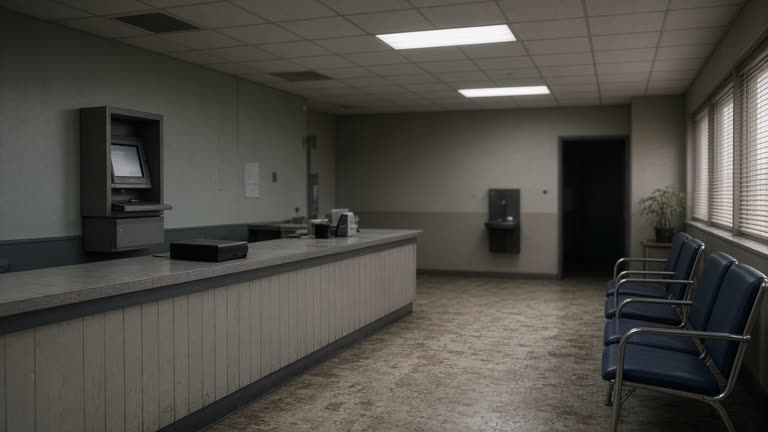 Municipal service counter with a wall-mounted information kiosk and waiting chairs, fluorescent ceiling panels, worn linoleum, afternoon light through blinds, no logos or readable text