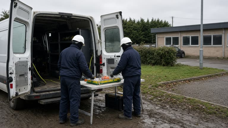 White NBN field van with rear doors open beside a regional telephone exchange carpark in overcast Northern Rivers light, technicians working at a fibre splice tray on a portable bench, muddy ground, no logos or readable text