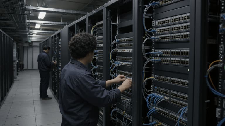 Rows of telecom SMS gateway equipment in a cooled server room with technicians checking patch panels under fluorescent light, cables and metal racks, no logos or readable text