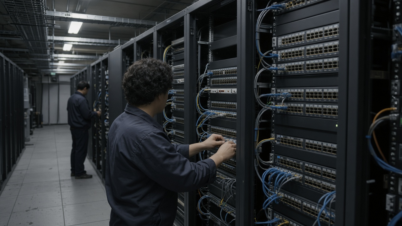 Rows of telecom SMS gateway equipment in a cooled server room with technicians checking patch panels under fluorescent light, cables and metal racks, no logos or readable text