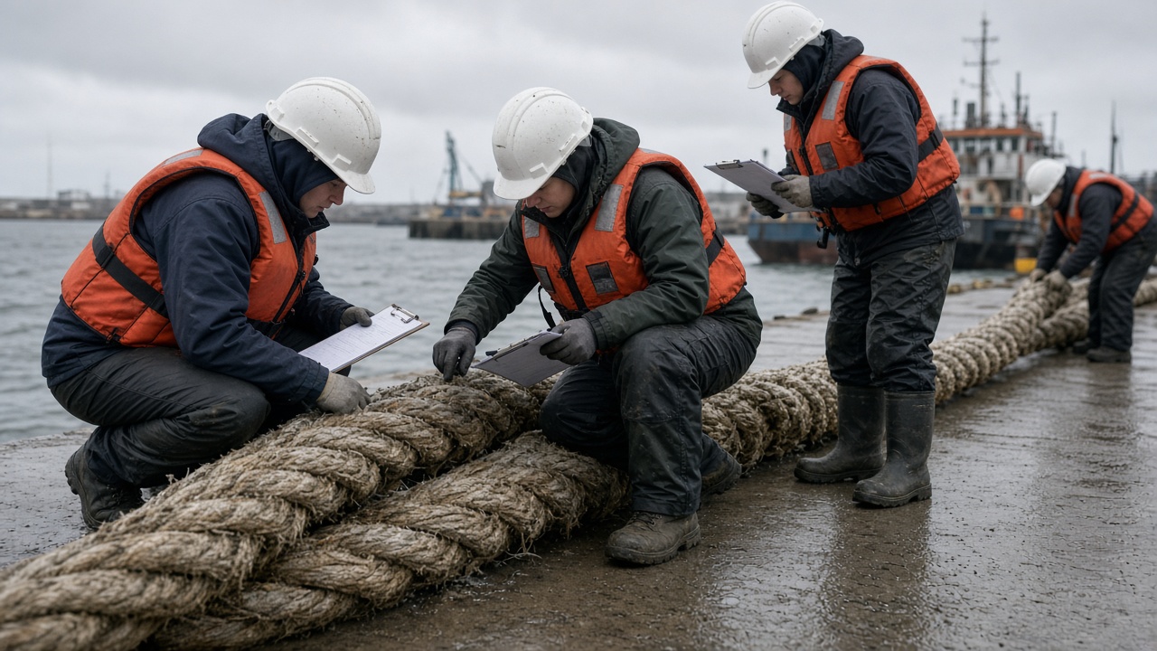 University engineering students in hard hats and life vests inspecting thick harbor mooring ropes on a windy quay with clipboard checklists, grey afternoon light and wet concrete, no logos or readable text