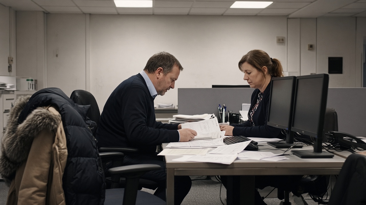 NHS hospital finance office with staff reviewing printed supplier invoices beside dual monitors under fluorescent ceiling panels, winter coats on chairs, no logos or readable text