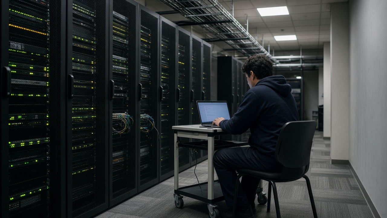 Municipal IT server rack aisle with blinking switch lights, technician on a laptop cart under cool fluorescent panels, grey carpet tiles, cable trays overhead, screens without readable text, no logos