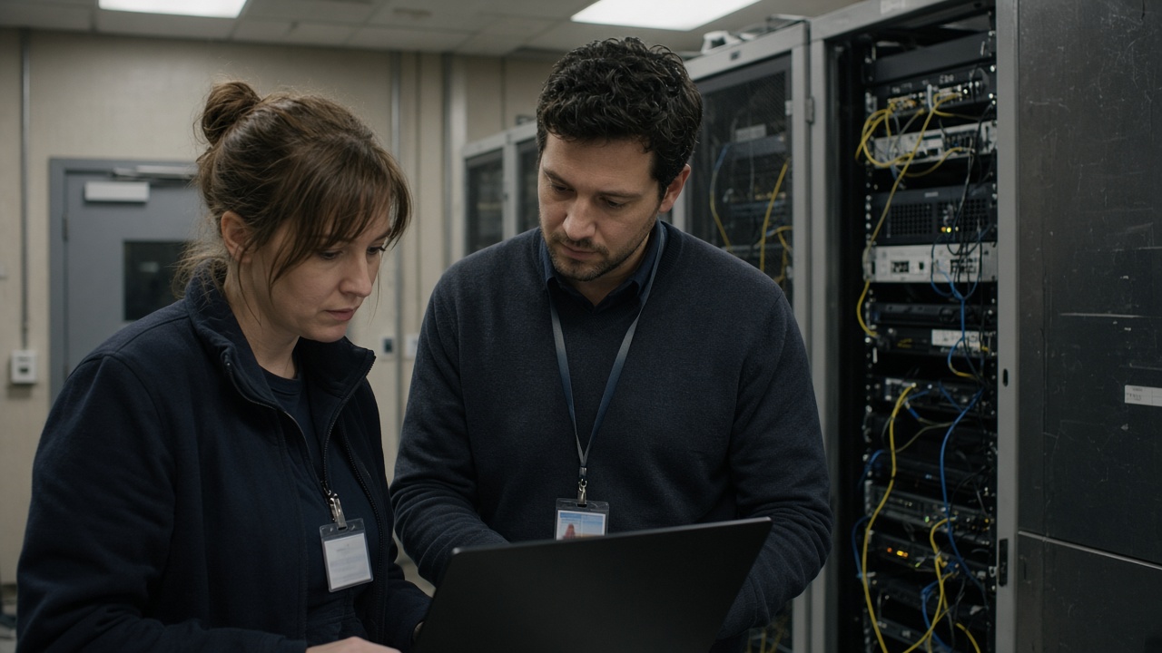 University cybersecurity staff reviewing laptop alerts beside server racks in a fluorescent-lit campus operations room, cables and badge readers visible, no logos or readable text