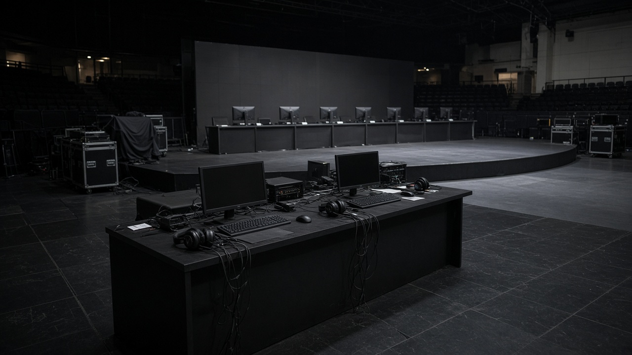 Empty esports stage with moderator workstations and glowing monitor banks in a Korean arena, house lights dim, cable bundles and headsets on desk, no logos or readable text
