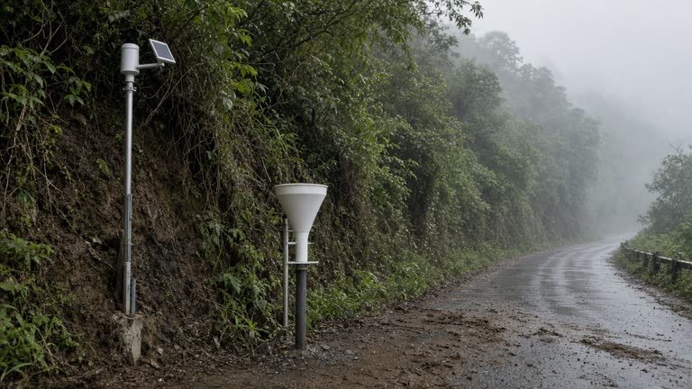 Geotechnical inclinometer and rain gauge installed on a steep forested slope above a Hualien county mountain road, misty post-storm atmosphere, mud traces on pavement below, no logos or readable text