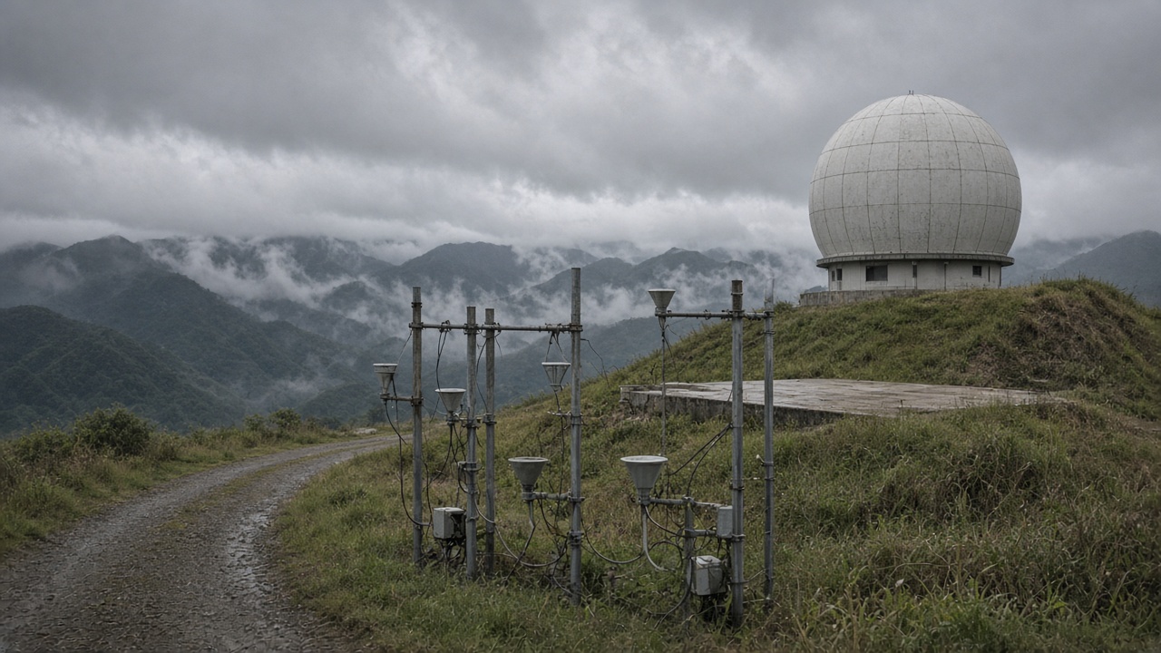 C-band weather radar dome on a grassy hill in central Taiwan with rain gauges on a metal frame in the foreground, low storm clouds and misty ridges, damp gravel service road, no logos or readable text