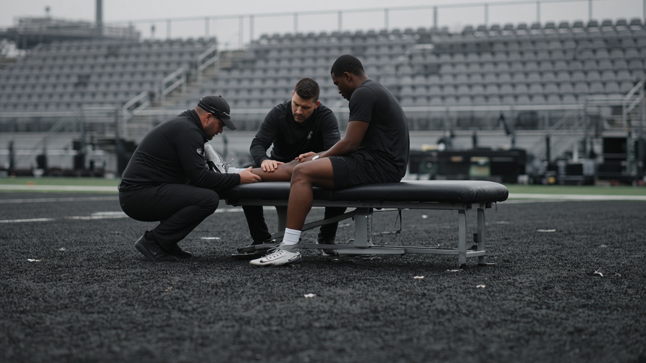 NFL team practice field with athletic trainers tending to a player seated on a bench, overcast morning light, rubber turf pellets visible, blurred stadium seats in background, no logos or readable text