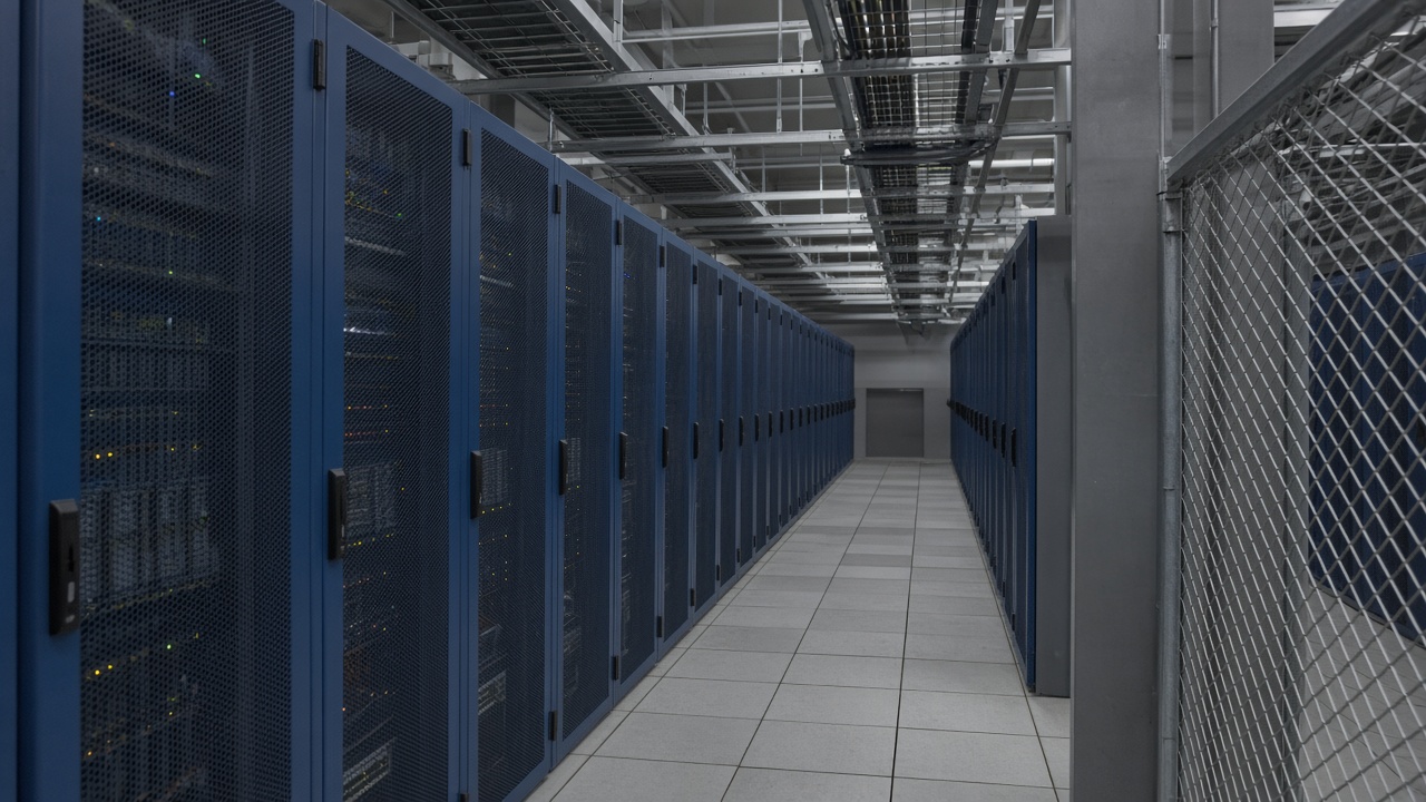 Cold-aisle view of a Korean data center with blue server rack doors, cable trays overhead, matte floor tiles, security cage mesh in background, no logos or readable text.