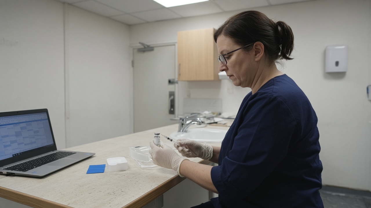 A community pharmacy consultation room in England with a clinician preparing a flu vaccine syringe beside a laptop showing a blurred appointment calendar, fluorescent ceiling light, scuffed laminate counter, no logos or readable text