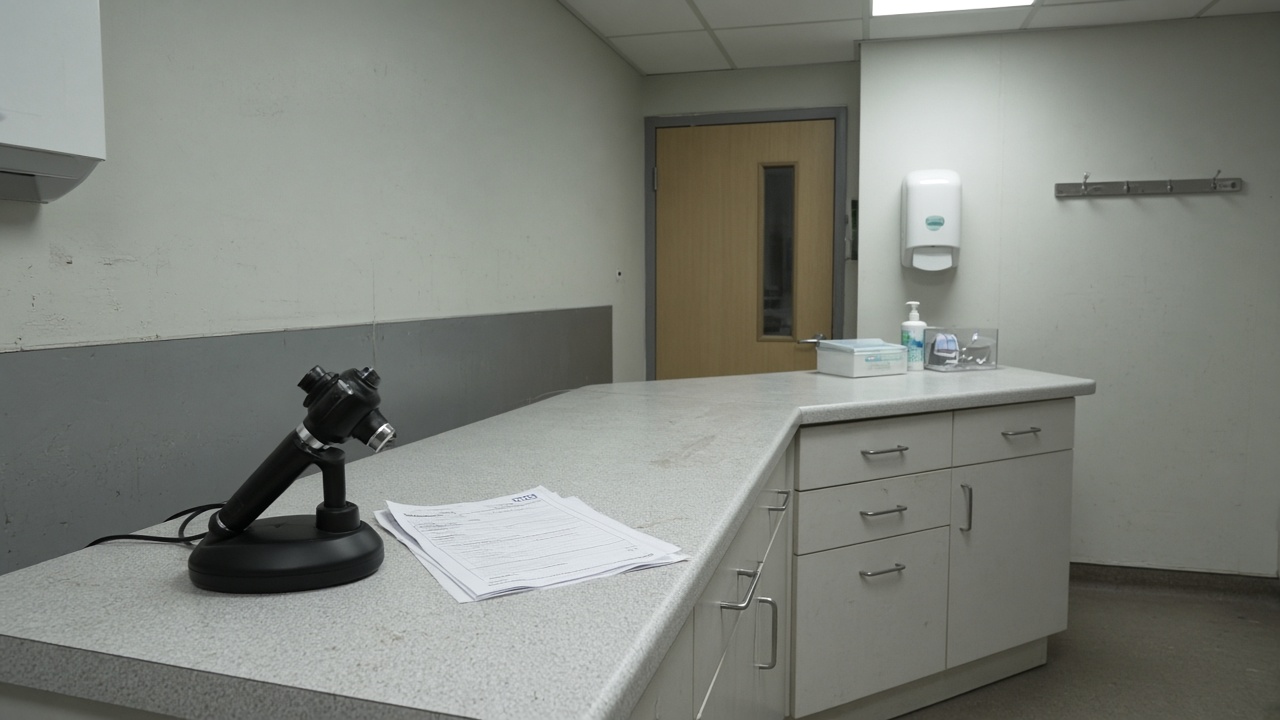 Community pharmacy consultation room with handheld dermoscope on laminate counter beside NHS referral forms, fluorescent lighting, no logos or readable text