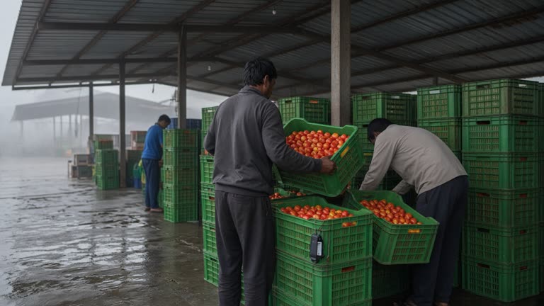 Workers stacking green plastic produce crates under a tin-roof mandi shed with tomatoes visible, early morning haze and wet concrete floor, a handheld device clipped to one crate, no logos or readable text