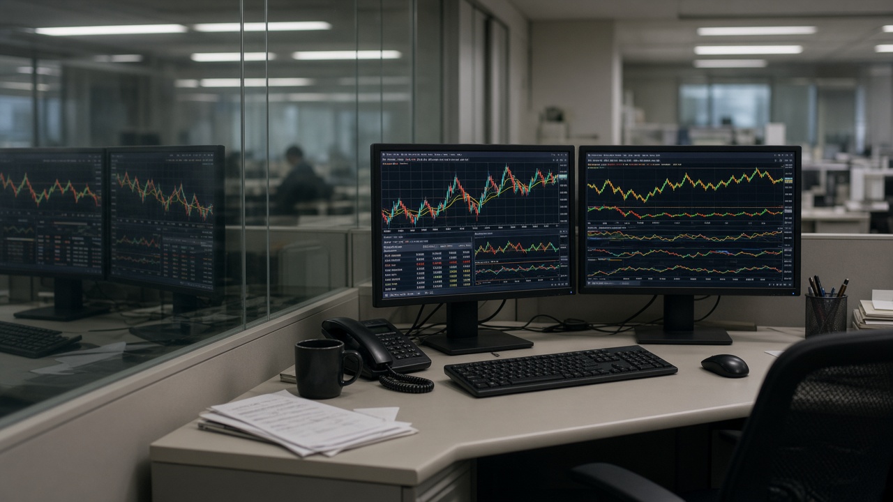 Trader workstation with dual monitors showing colorful game-style charts reflected in glass, Tokyo office cubicle under fluorescent light, no logos or readable text