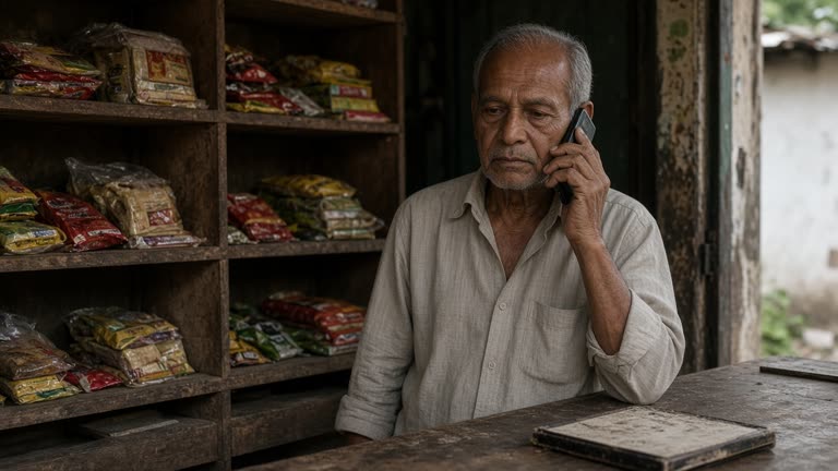 An elderly shopkeeper holding a basic feature phone to his ear beside a wooden kirana shelf of packaged goods, dim interior light from the doorway, worn counter surface, no logos or readable text