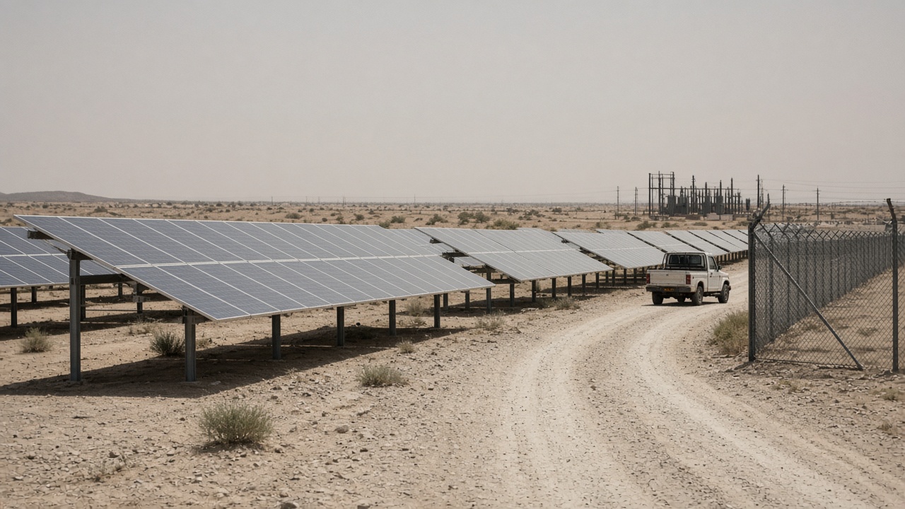 Rows of solar trackers on pale desert soil in western Rajasthan under harsh midday sun, chain-link perimeter fence and a distant substation silhouette, maintenance pickup on a dirt service road, no logos or readable text