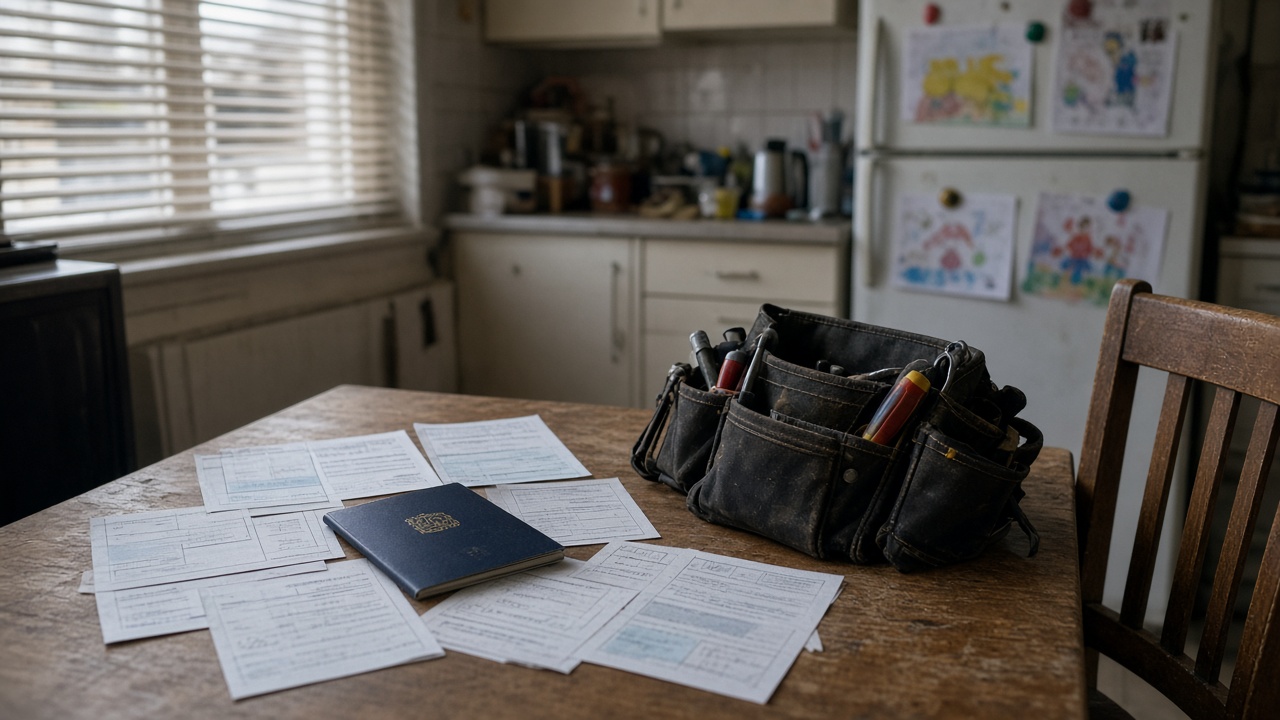 A kitchen table with stamped licence forms, a passport and tool belt, afternoon light through venetian blinds, children's drawings on the fridge in soft focus, no logos or readable text