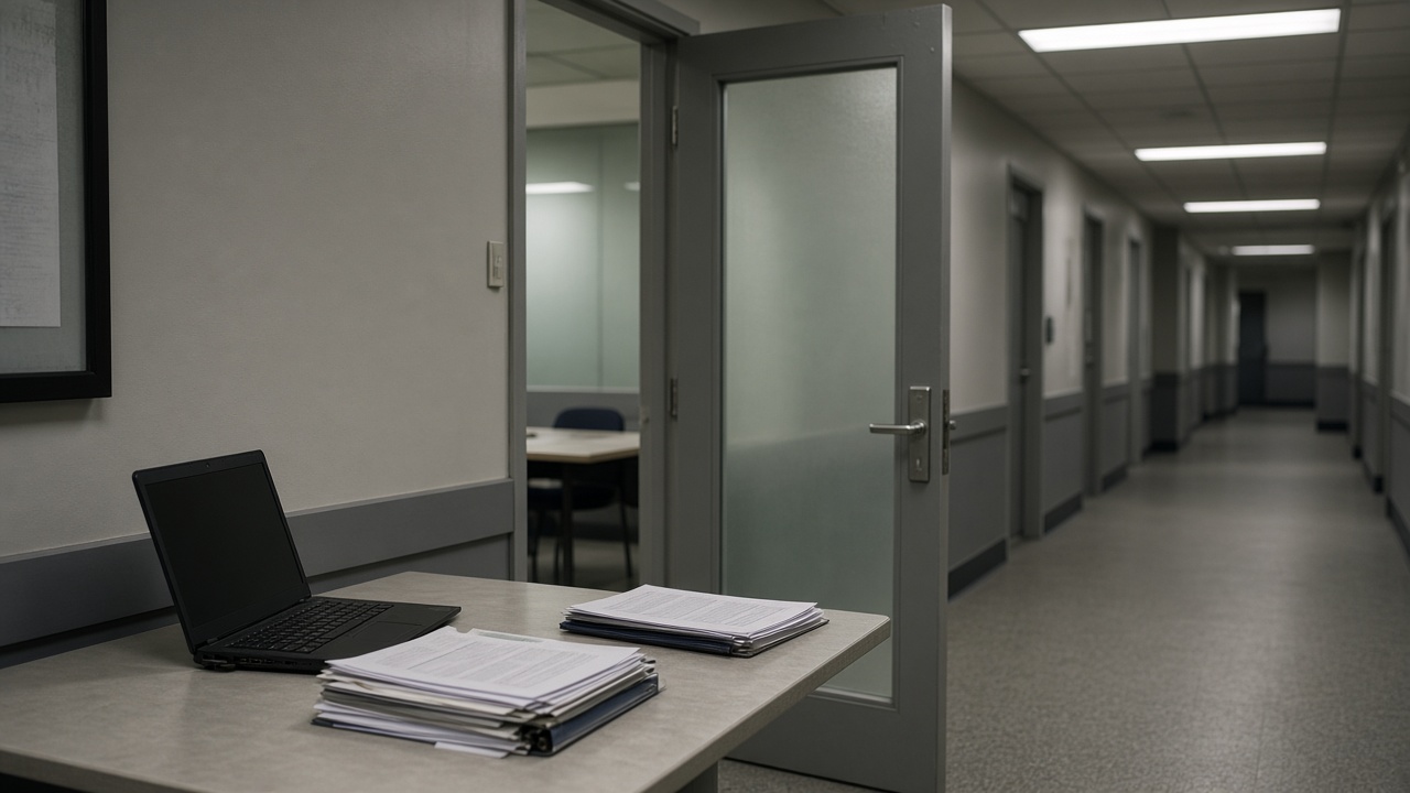 Government office corridor with frosted glass meeting room door ajar, laptop and printed audit binders on a laminate table under cool fluorescent light, Canberra-style institutional interior, no logos or readable text