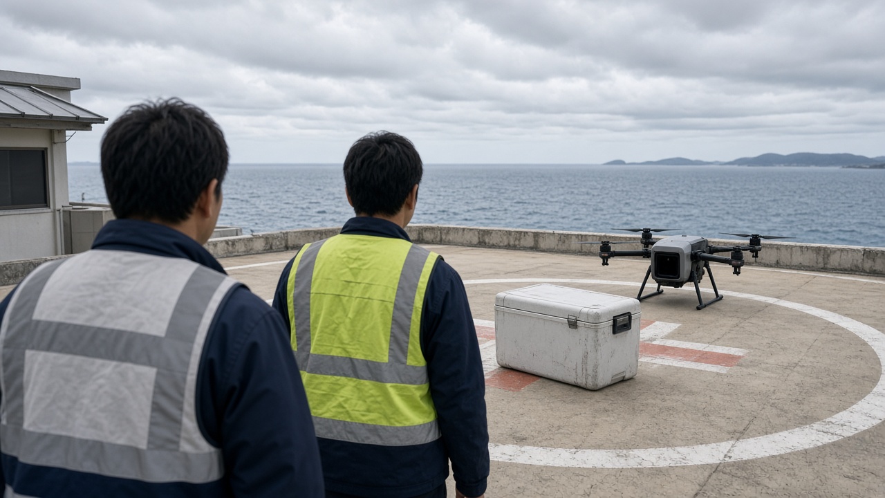 Medical delivery drone on a coastal clinic helipad beside a blood transport cooler, overcast Okinawa sea light, staff in vests from behind, no logos or readable text.