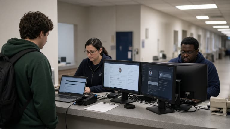 Campus IT staff at a help desk with dual monitors showing identity dashboards, student laptop and badge reader on a cluttered counter, fluorescent corridor light, no logos or readable text