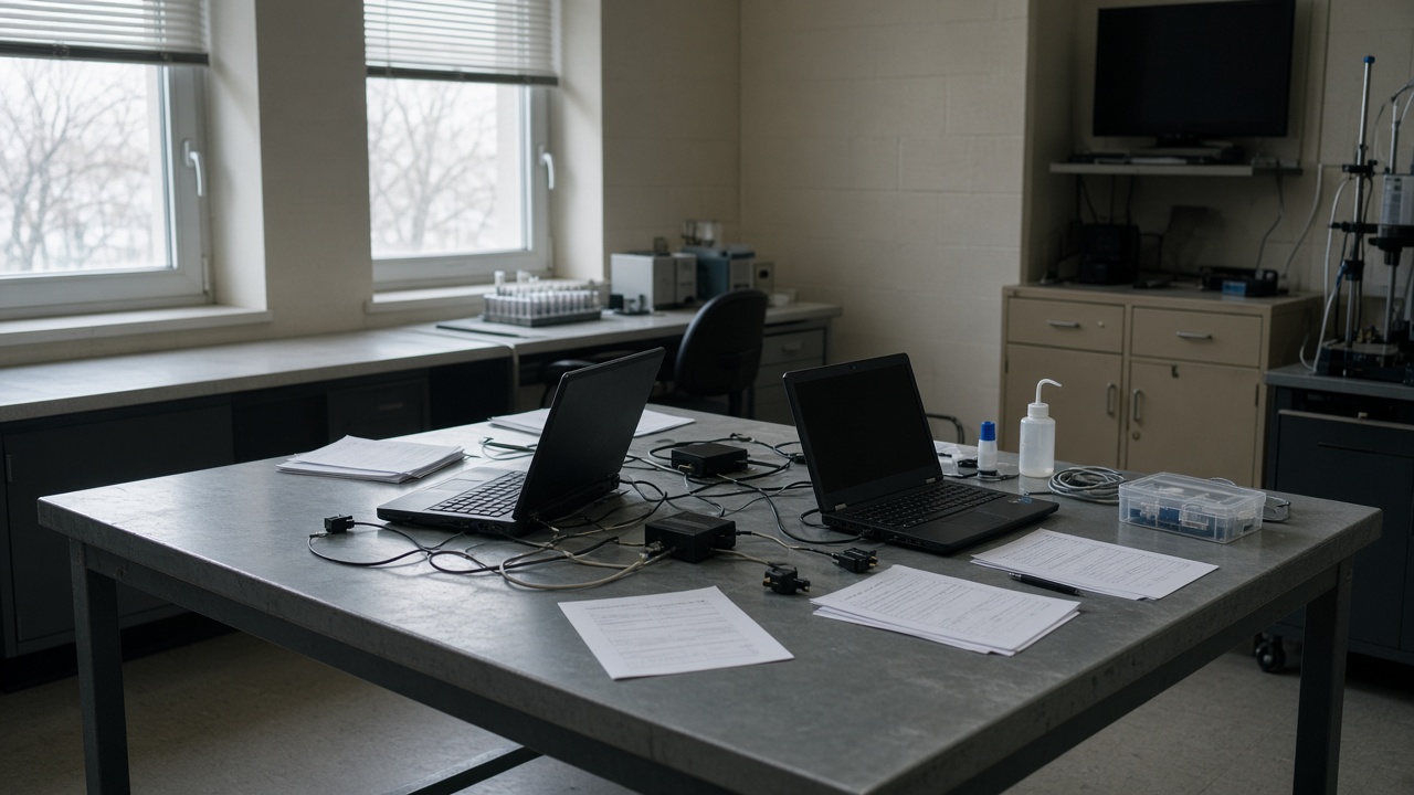 Government lab workspace with laptops on a steel table, printed test checklists and network cables, window light on beige walls, no logos or readable text