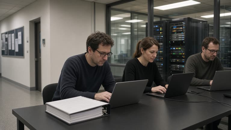 Security researchers at a long table with laptops and a thick printed report binder in a fluorescent-lit government office corridor, server room glass behind them, neutral walls, no logos or readable text