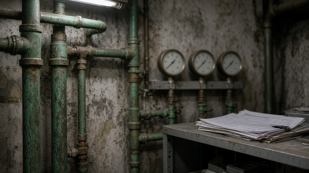 Aged apartment boiler room with green copper pipes, wall-mounted pressure gauges with blurred faces, folded inspection forms on a metal shelf, dim fluorescent light, no logos or readable text.
