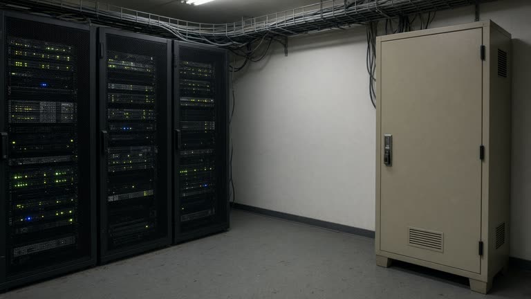 Server room corner with blinking network LEDs and a locked cabinet for compliance tapes, cable trays and scuffed vinyl floor under cool fluorescent light, no logos or readable text
