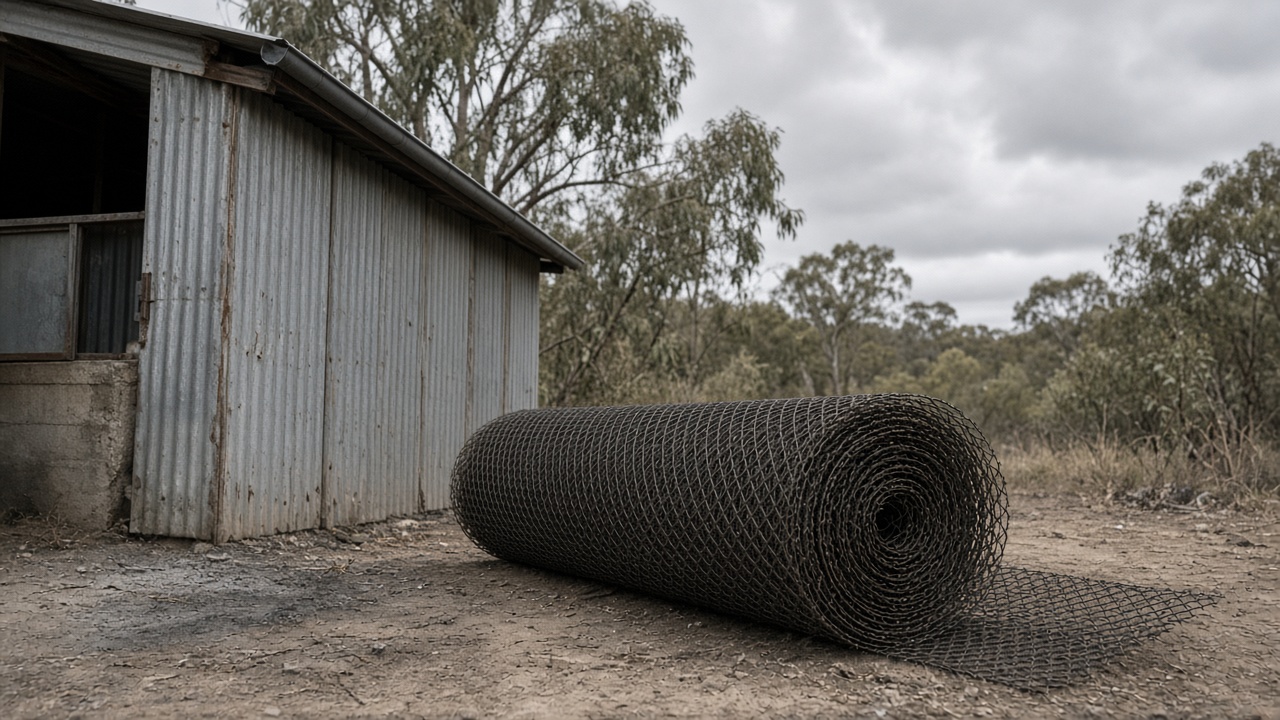 Metal ember screen mesh rolled beside a rural fire shed on dusty ground, overcast sky, eucalyptus scrub in background, no readable text or logos