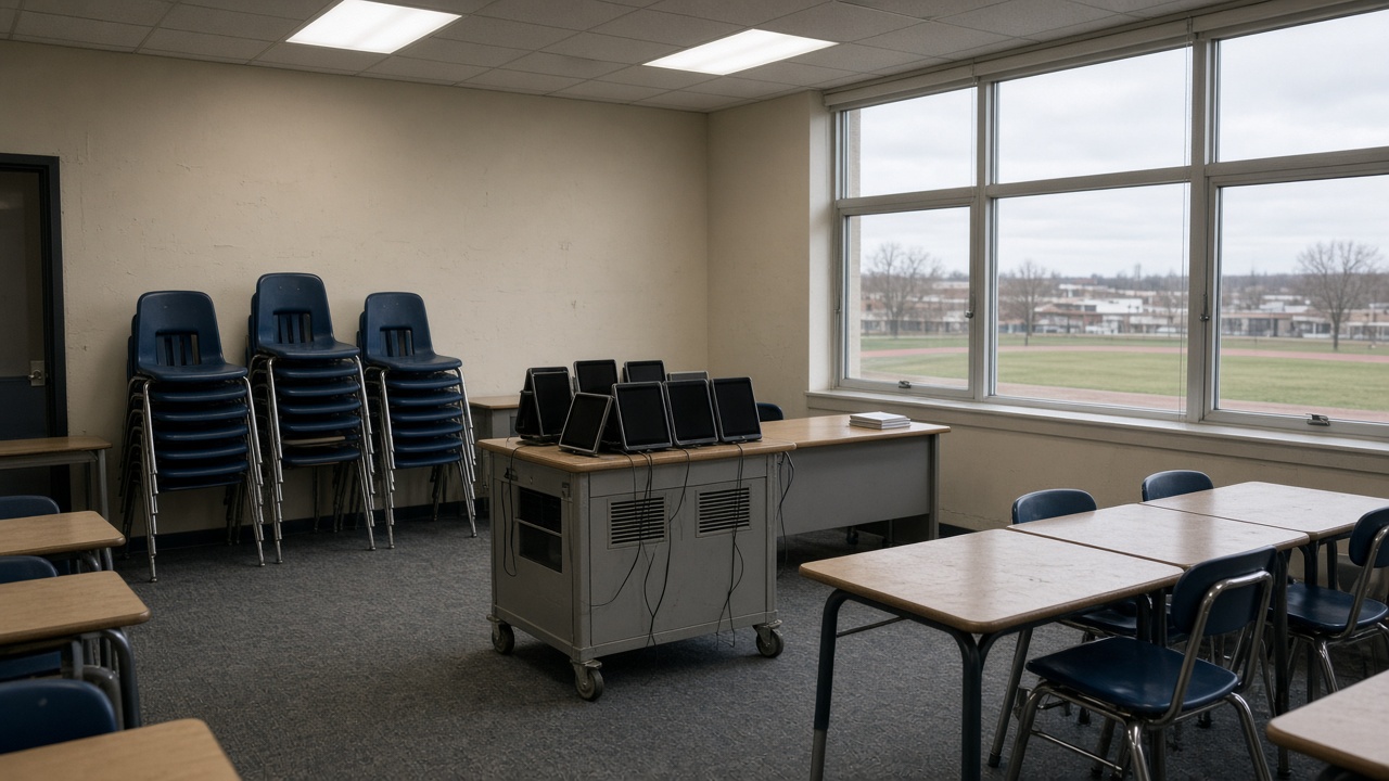 Empty classroom with tablets charging on a cart under fluorescent lights, chairs stacked, window to school oval, screens dark without readable text, no logos