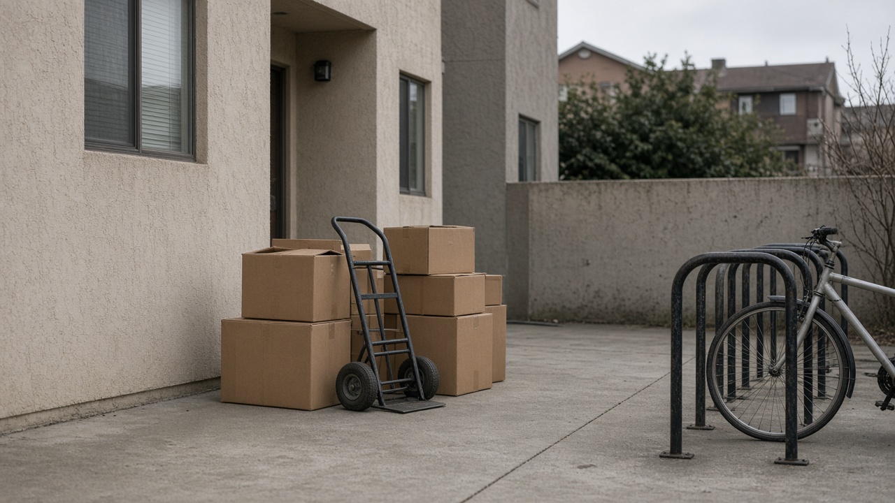 Residential apartment courtyard with stacked moving boxes and a hand truck beside bicycle racks, overcast afternoon light on concrete and stucco walls, no logos or readable text
