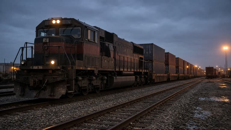Diesel freight locomotives parked in a rail yard at dusk with container cars, gravel ballast and sodium yard lights, no logos or readable text