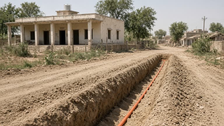 Freshly dug shallow trench along a dusty village road with orange conduit visible, panchayat office building in background under harsh midday sun, no readable signage or logos