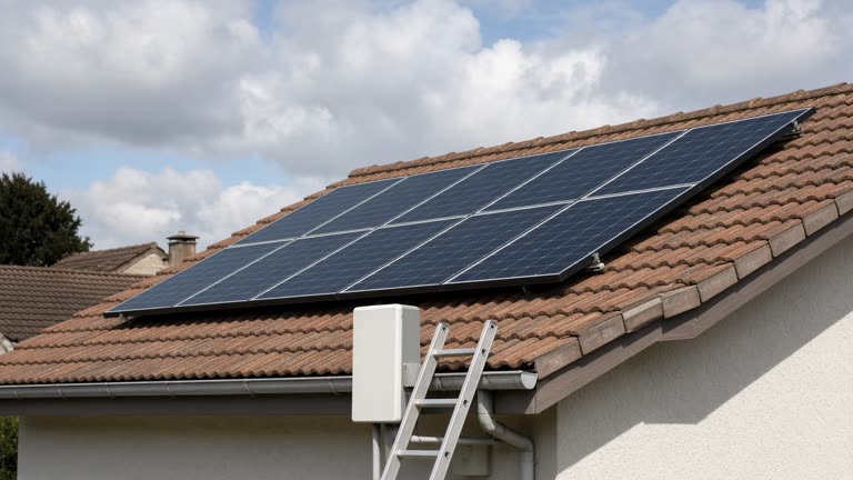 Rooftop solar panels on suburban tile roof under partly cloudy sky, ladder and inverter cabinet at gutter line, harsh midday light, no logos or readable text