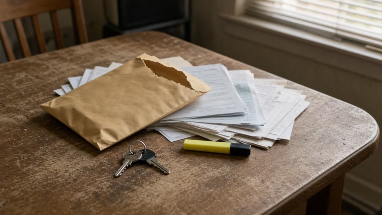 Kitchen table with opened government envelope, house keys and highlighter beside stacked paper forms, warm afternoon light through blinds, no readable text or logos