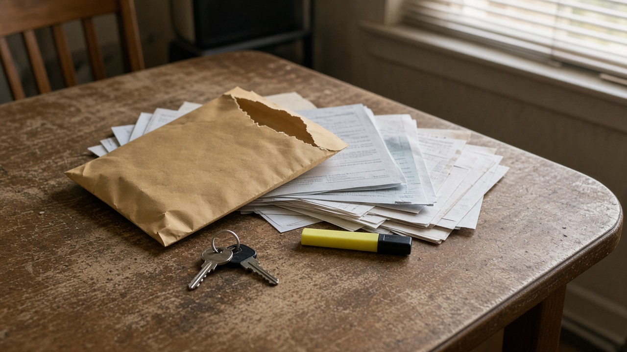 Kitchen table with opened government envelope, house keys and highlighter beside stacked paper forms, warm afternoon light through blinds, no readable text or logos