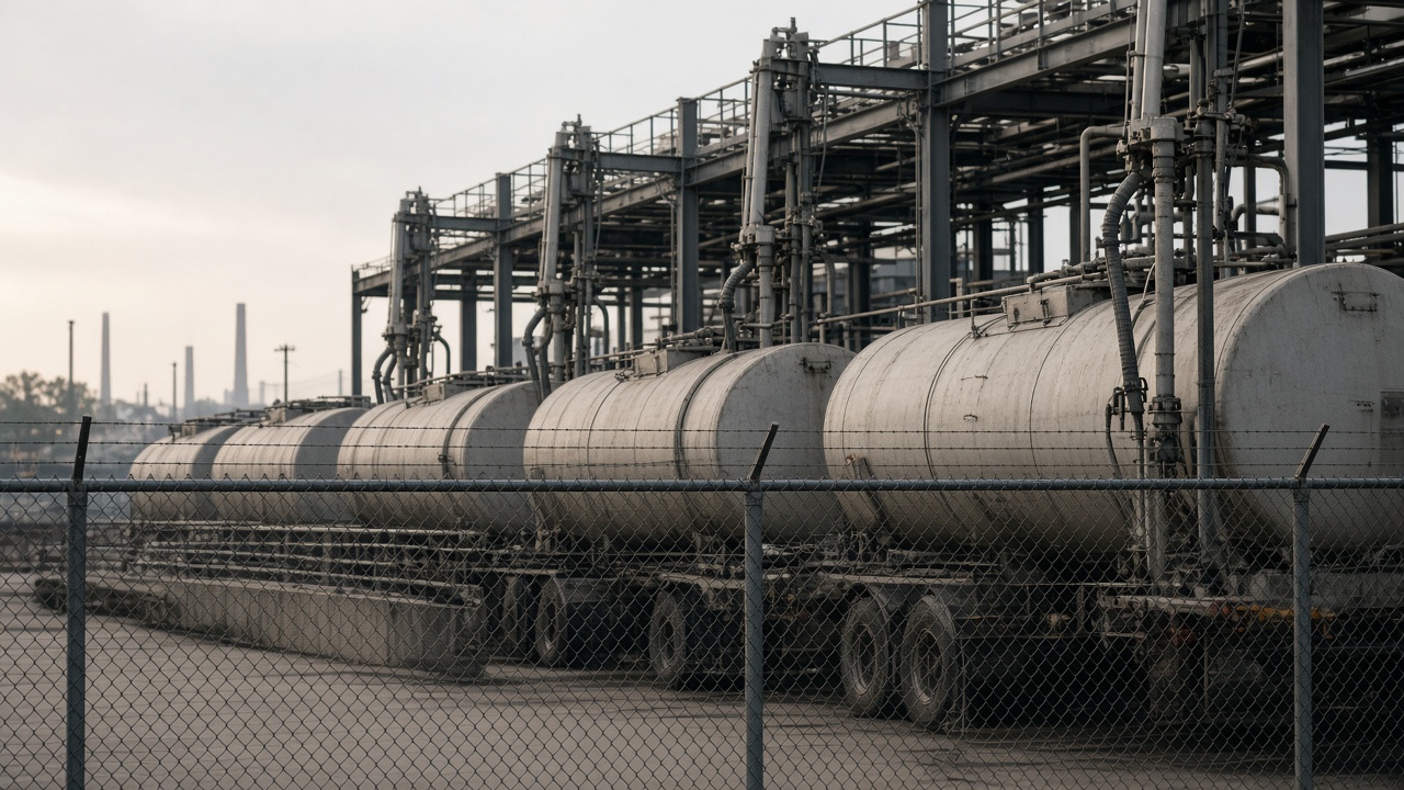 Row of diesel tanker trailers at a Gulf Coast loading rack behind chain-link fencing, late afternoon haze, no logos or readable text on vehicles