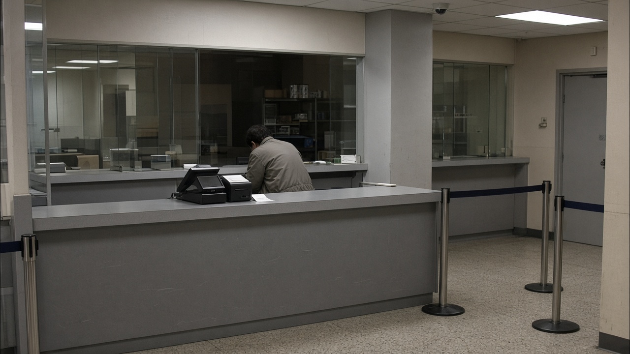 Indoor shopping-mall service counter with point redemption terminal and receipt printer under flat ceiling lights, muted decor and queue stanchions, no logos or readable text