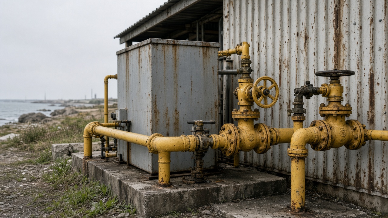 Industrial natural gas meter and yellow-painted pipeline valves beside a corrugated shed under overcast coastal light, rust stains on metal, no logos or readable text