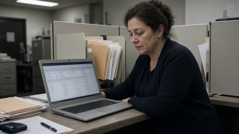 County tax office clerk at a laminate desk reviewing a laptop identity log dashboard under fluorescent lights, file folders and ballot-style privacy dividers, no logos or readable text