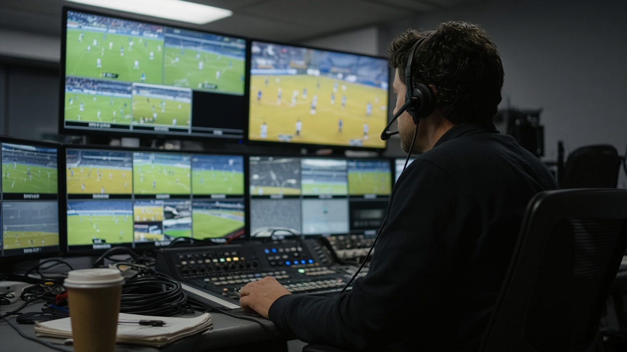 Television sports production control room with multiview monitors showing blurred game footage and a producer wearing a headset at a dim console, overhead fluorescent and monitor glow, cable bundles and coffee cups, no logos or readable text