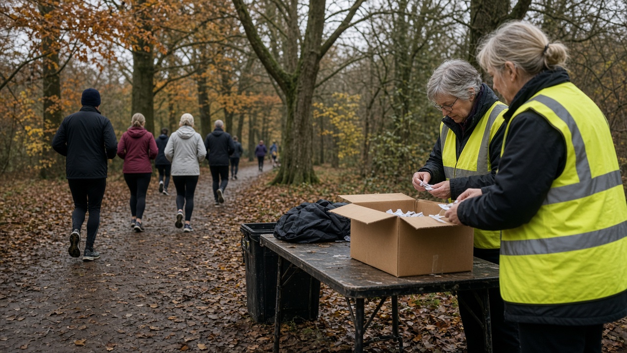 Early morning parkrun event on a muddy tree-lined path in an English park, volunteers in hi-vis vests handing timing tokens near a folding table, runners in layered autumn kit, overcast light, no logos or readable text