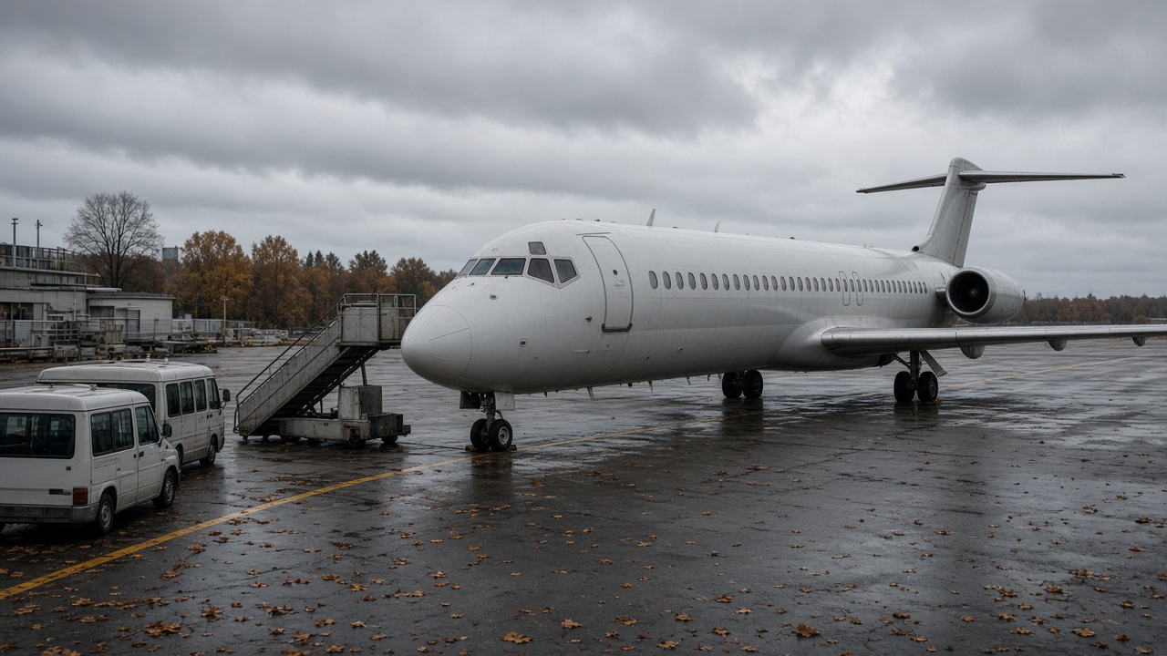 Narrow-body passenger jet at a regional airport gate with ground stairs and tour buses waiting on the apron, overcast autumn light, wet tarmac, no logos or readable text.