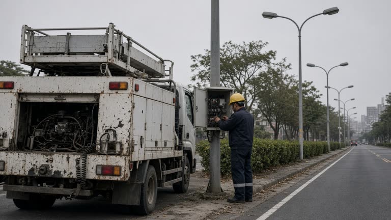 Municipal streetlight maintenance truck beside a row of sodium lamps in Taichung with a technician opening a small roadside control cabinet, overcast evening haze, no logos or readable text