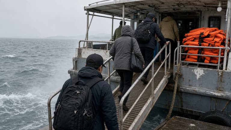 Commuters boarding a small Penghu passenger ferry across a metal gangway with orange life vests stacked on a rack, grey morning sea spray and worn paint on rails, no logos or readable text
