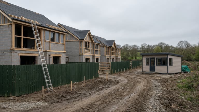Row of unfinished new-build houses behind green estate fencing in Kent commuter countryside under overcast light, sales cabin and muddy track, no logos or readable text