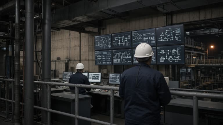 Industrial steel plant control room with large monitoring screens and operators in hard hats viewed from behind, dim lighting and metal railings, no logos or readable text.