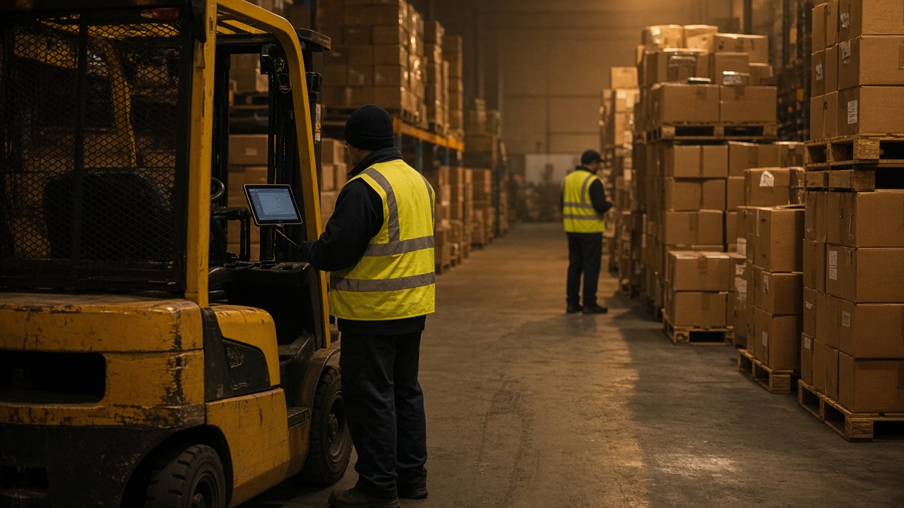 Night-shift warehouse aisle with workers in high-visibility vests and a tablet on a forklift cage, sodium vapor lighting, cardboard pallets, no logos or readable text.