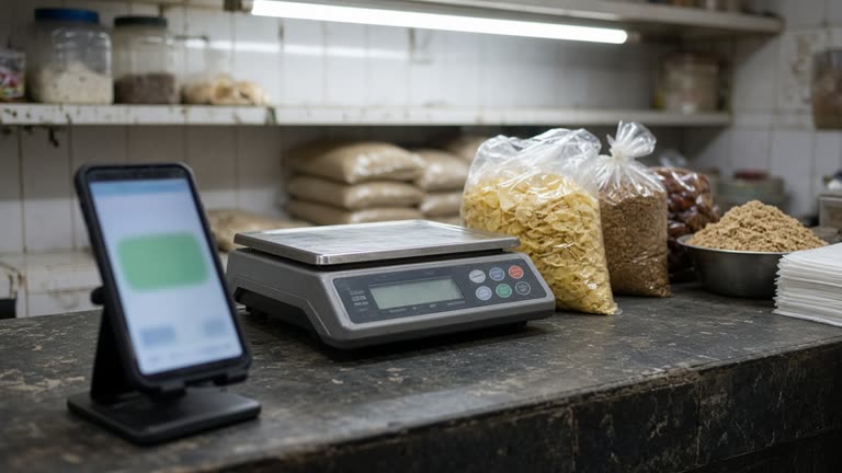 Small shop merchant counter with a smartphone on a stand showing a blurred payment screen, weighing scale and packaged goods under tube lights, no logos or readable text